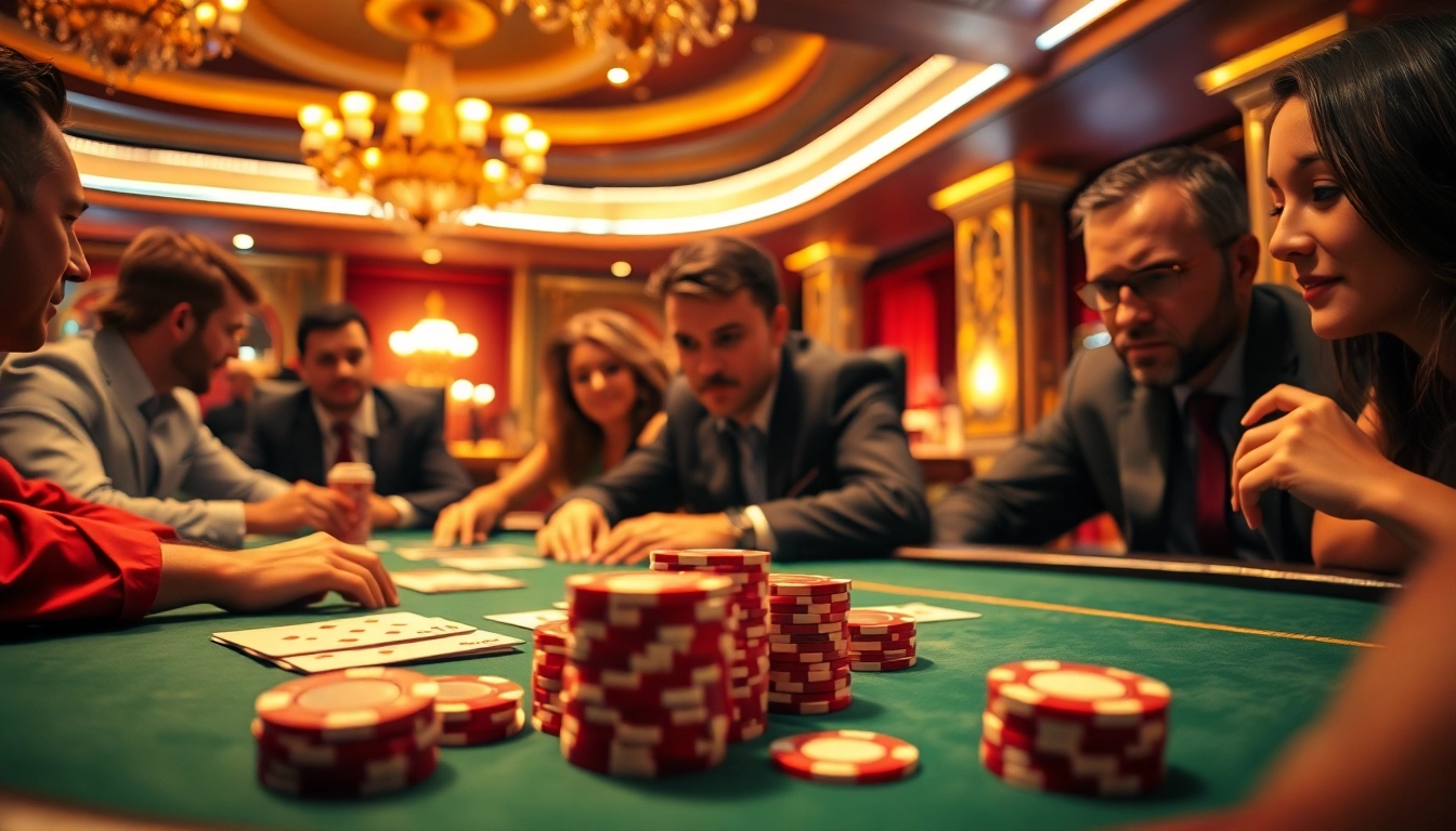 Casinospielen.de zeigt lebhafte Spieler an einem Pokertisch mit aufregenden Chips und Karten.