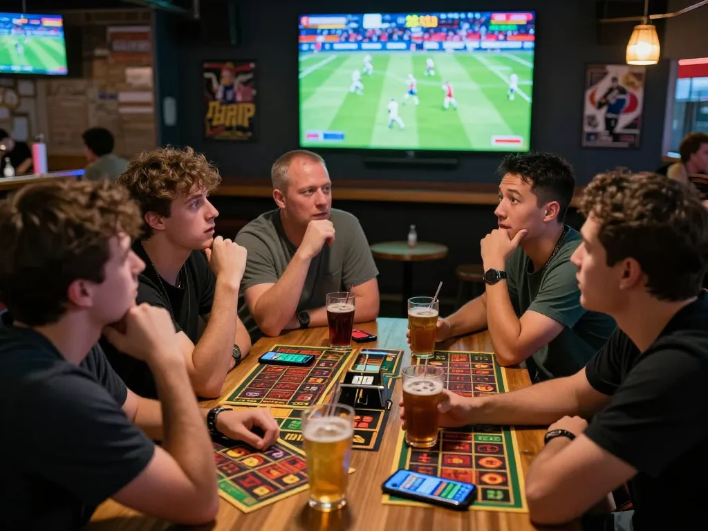 Soi keo nha cai while friends engage in thrilling sports betting at a lively sports bar.