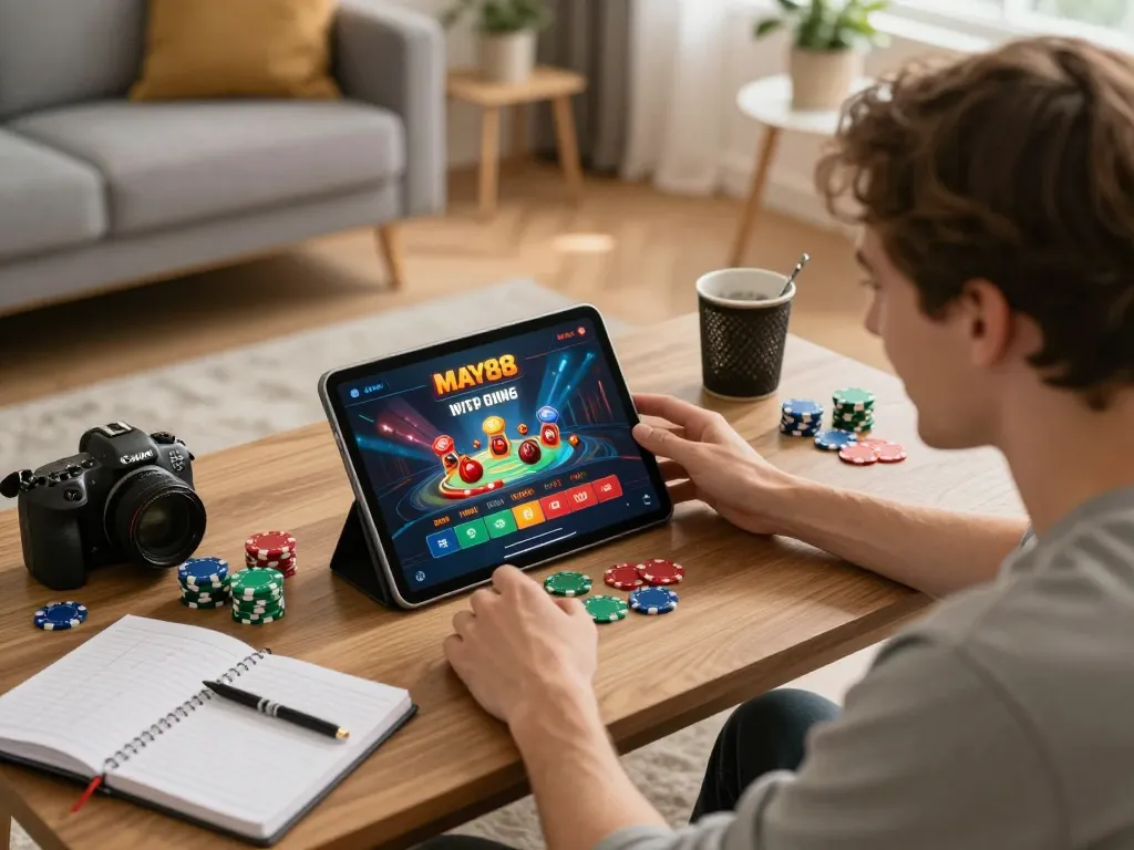 MAY88 player enjoying online slots on tablet in comfortable living room, vibrant gaming atmosphere