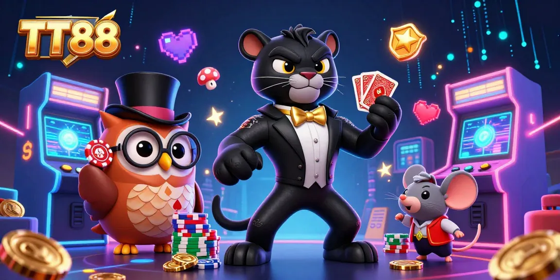 Engage with TT88 casino excitement featuring a stylish black panther, owl, and lucky mouse amidst vibrant gaming elements.
