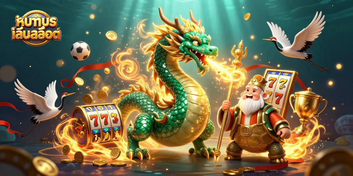 Experience ทดลองเล่นสล็อต with an intricate 3D art scene showcasing vibrant casino elements and mythical characters.