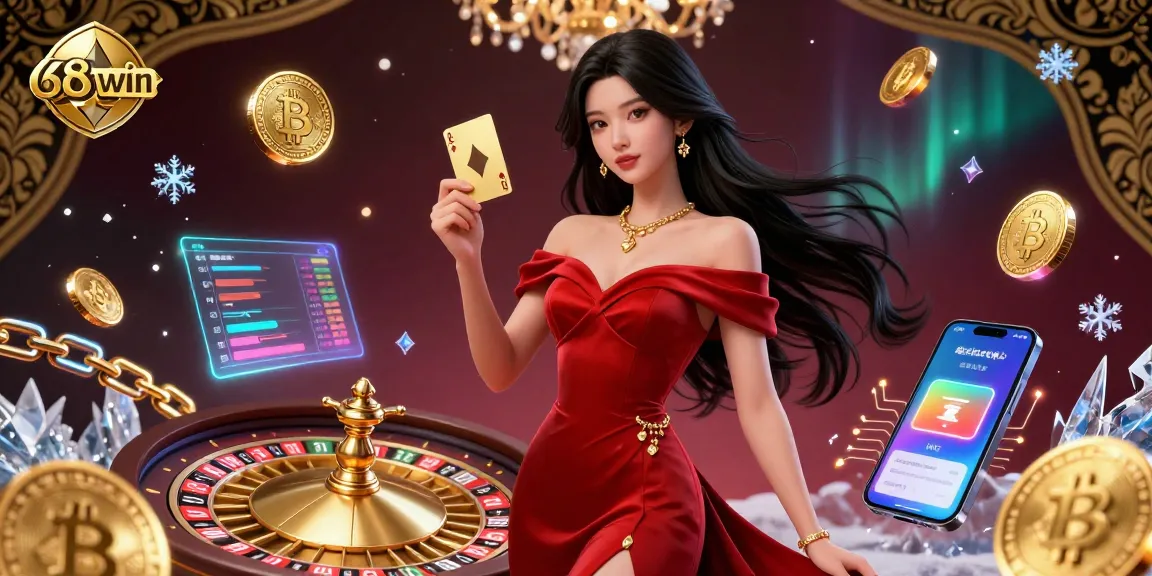 Engage in thrilling gameplay at 68win with a stunning roulette scene, featuring Bitcoin and Ethereum coins.