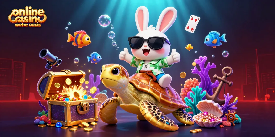 Online casino ohne oasis scene with lucky rabbit and golden turtle, vibrant underwater casino elements.