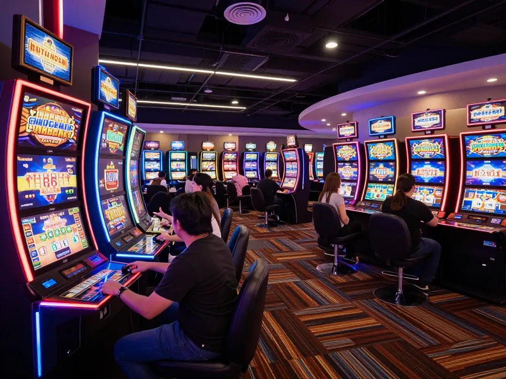 Kkwin gaming experience with vibrant slot machines and players celebrating wins in modern casino.