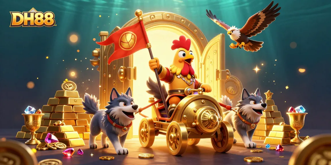 Engage in thrilling action with DH88 at a vibrant casino featuring gold treasures and a heroic warlord.