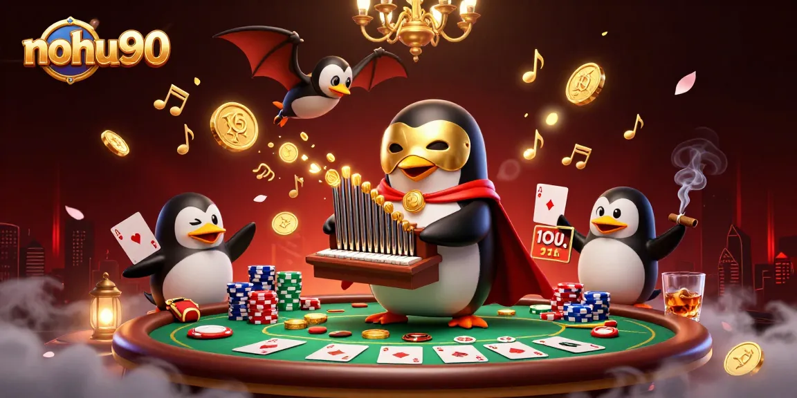 Experience thrilling gameplay with nohu90 as a 3D penguin orchestrates a vibrant casino scene filled with poker excitement.