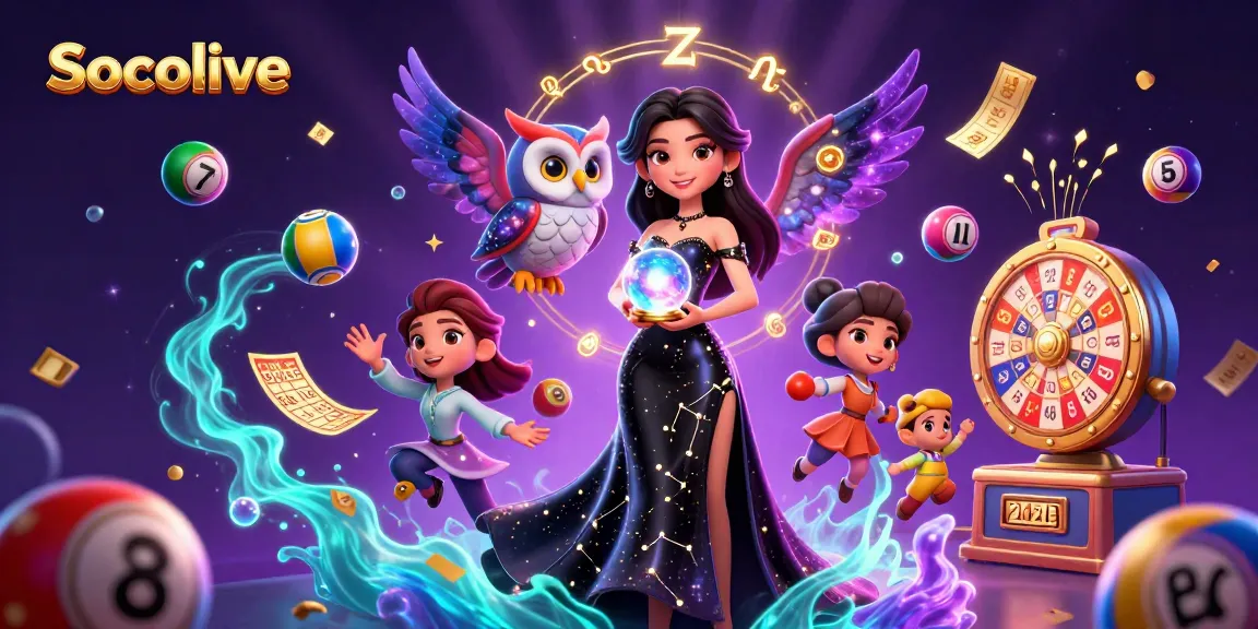 Socolive showcases a stunning woman in a black gown holding a crystal ball, surrounded by lottery elements.
