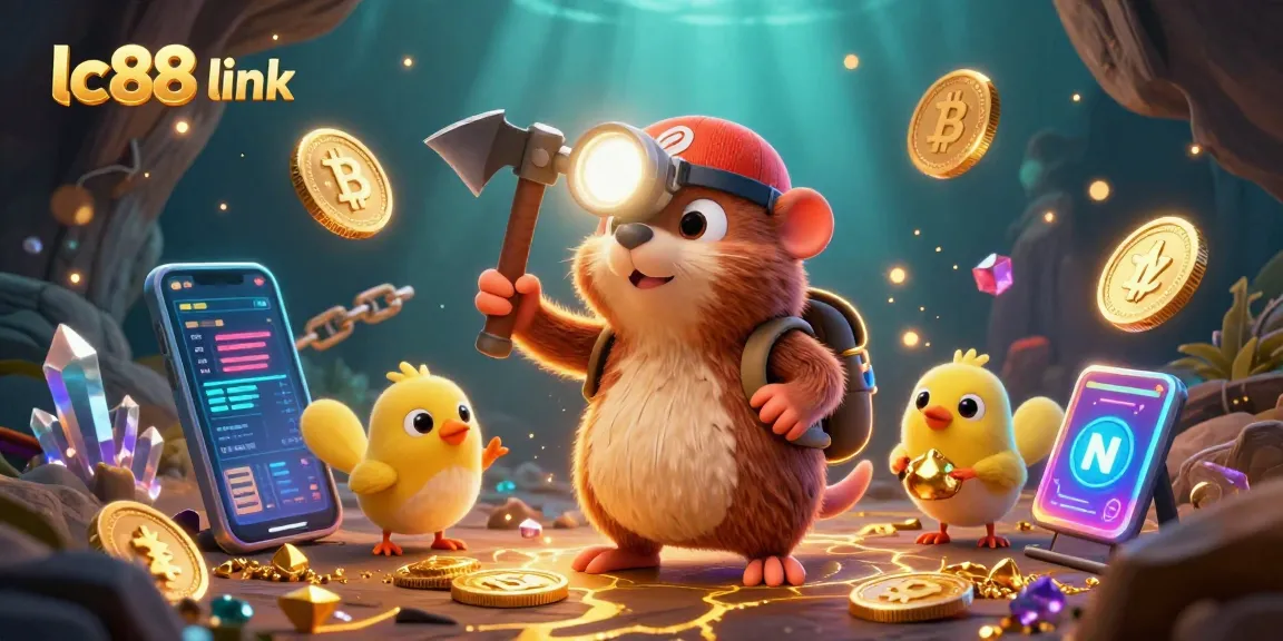 Engage with lc88 link for an exhilarating mining adventure amidst golden treasures, vibrant crypto assets, and glowing gems.
