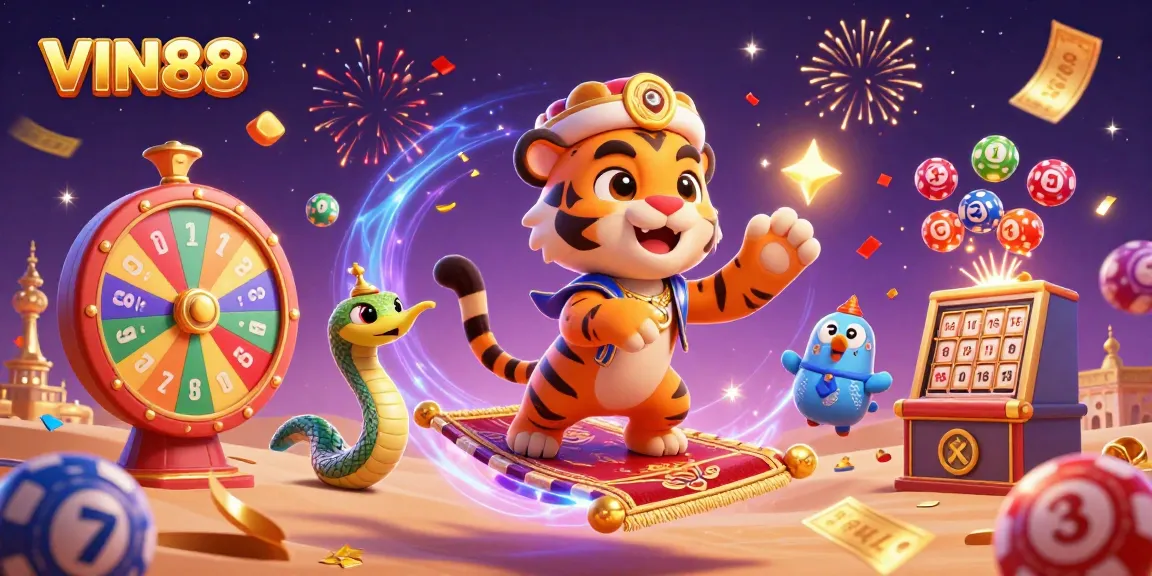 Experience excitement at VIN88 with a vibrant 3D illustration of gaming elements and characters.