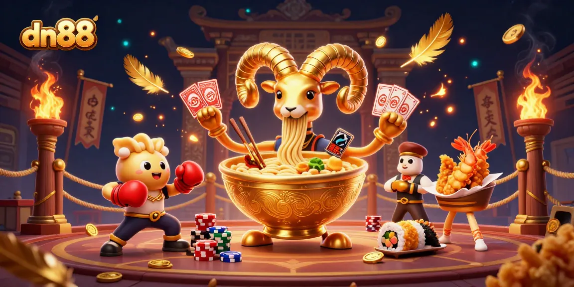 Experience the excitement of dn88 as a golden ramen bowl dealer interacts with players in a vibrant casino.