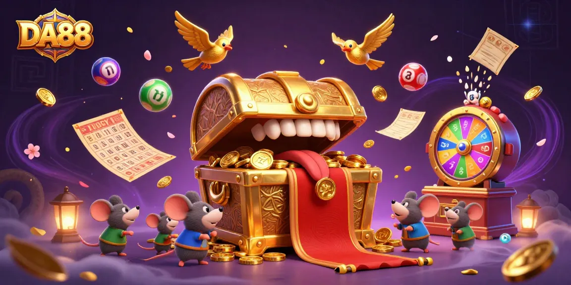 Spin and win with DA88 at a vibrant lottery scene featuring golden treasures and excitement.