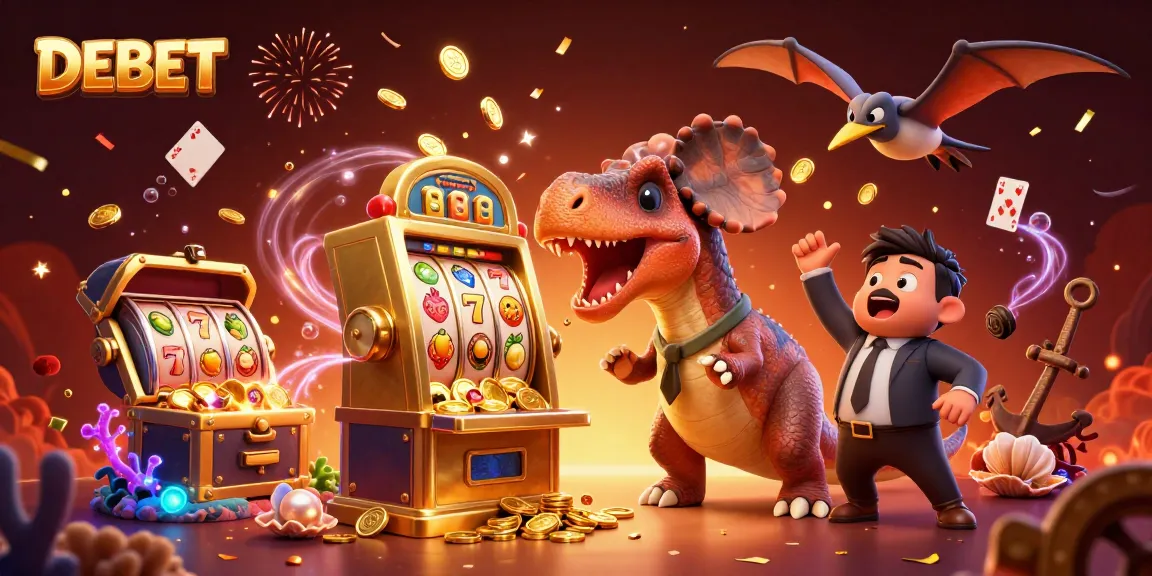 DEBET slot machine jackpot scene with colorful coins falling during a casino celebration