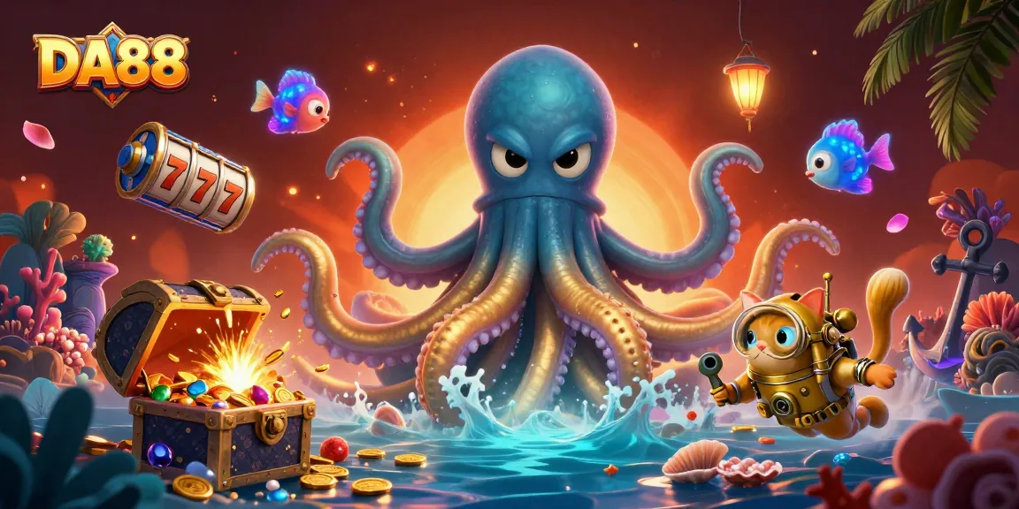 Experience the adventure of DA88 with a kraken, diving cat, and vibrant slot reels in a spectacular underwater scene.