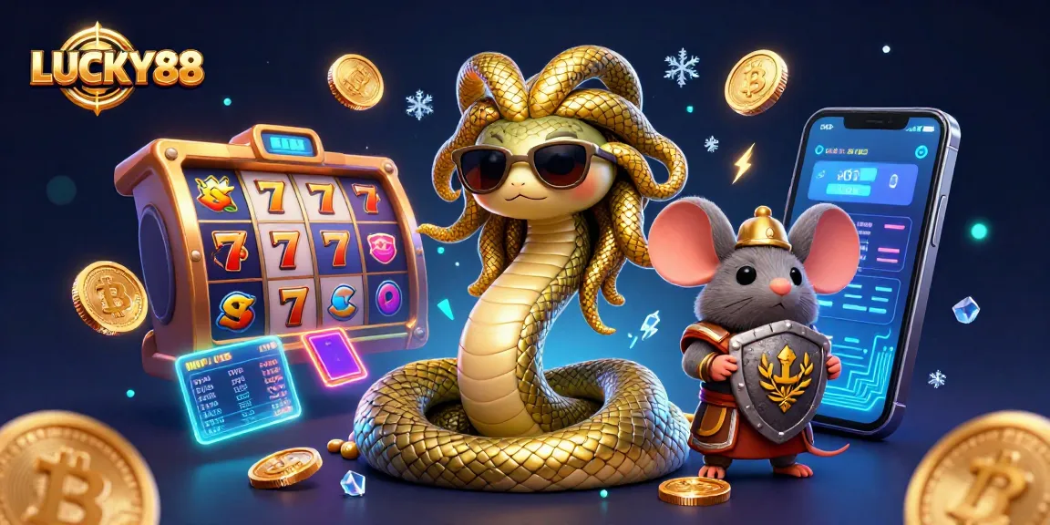 Spin the LUCKY88 slot reels with vibrant symbols and crypto elements in a lively casino scene.