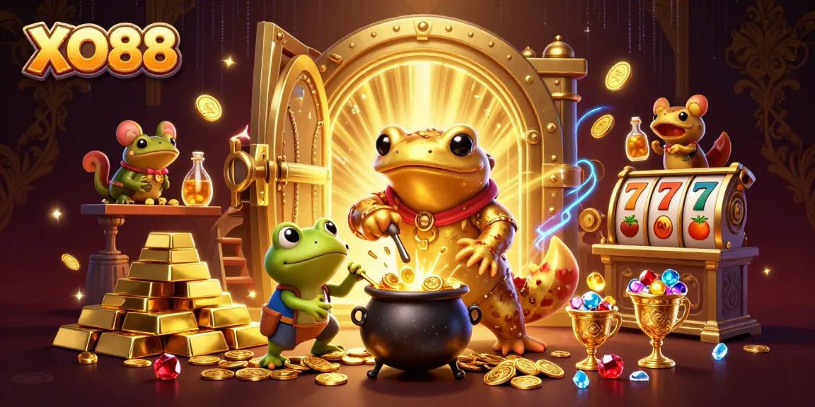 Engage with XO88's thrilling gambling adventures featuring slot reels and dazzling gold treasures.