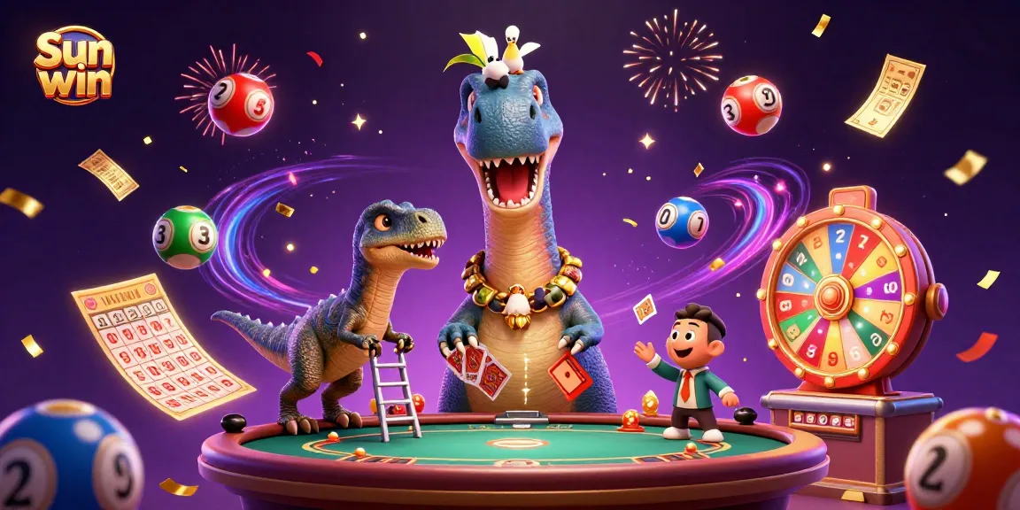 Engage with Sun win in a vibrant casino scene featuring a dinosaur and raptor dealer.
