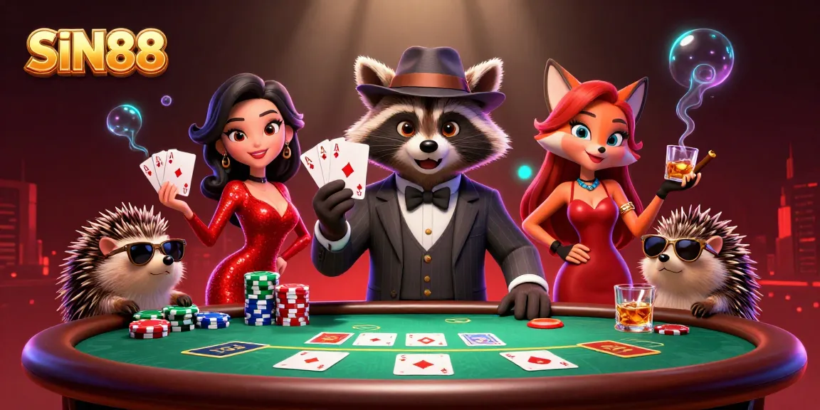 SIN88 showcases a raccoon in a suit and a fox in a dress celebrating a poker win.