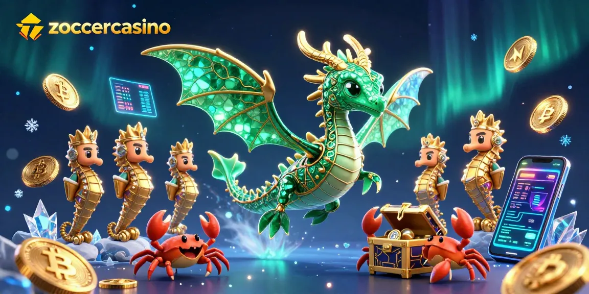 Engage with zoccercasino's lavish scene showcasing a sea dragon amidst crypto icons and treasure.