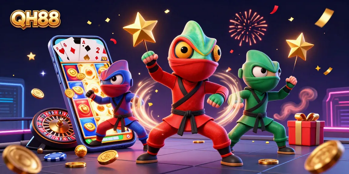 Engage with QH88's vibrant gaming experience featuring cartoon chameleons in dynamic action.