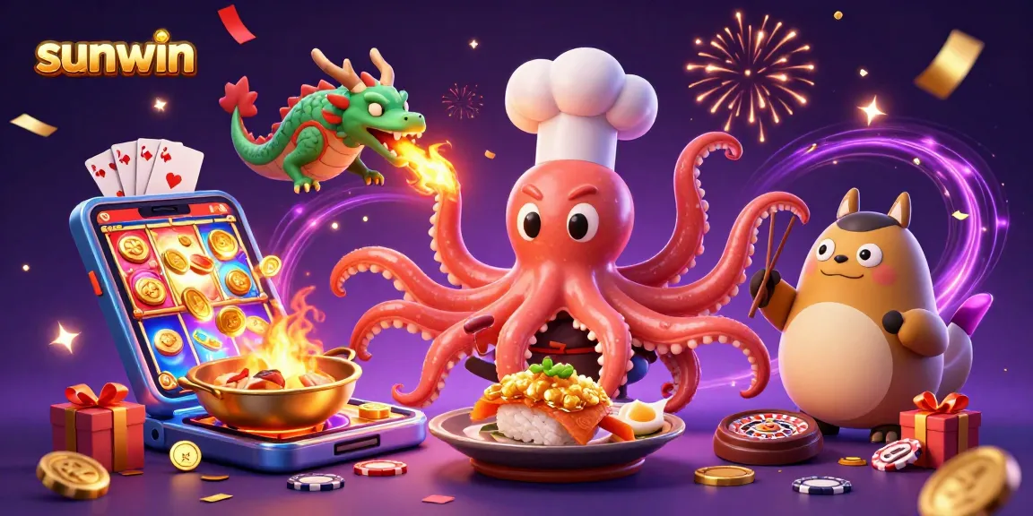 Engage in exciting gameplay with sunwin, featuring an octopus chef and dragon amidst a vibrant casino scene.